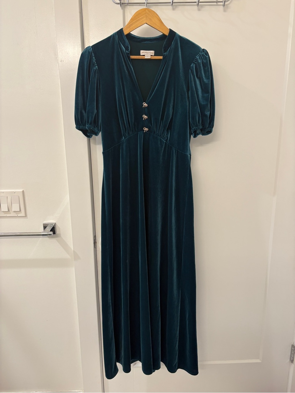 Monsoon Teal Velvet Puff-Sleeve Maxi Dress
